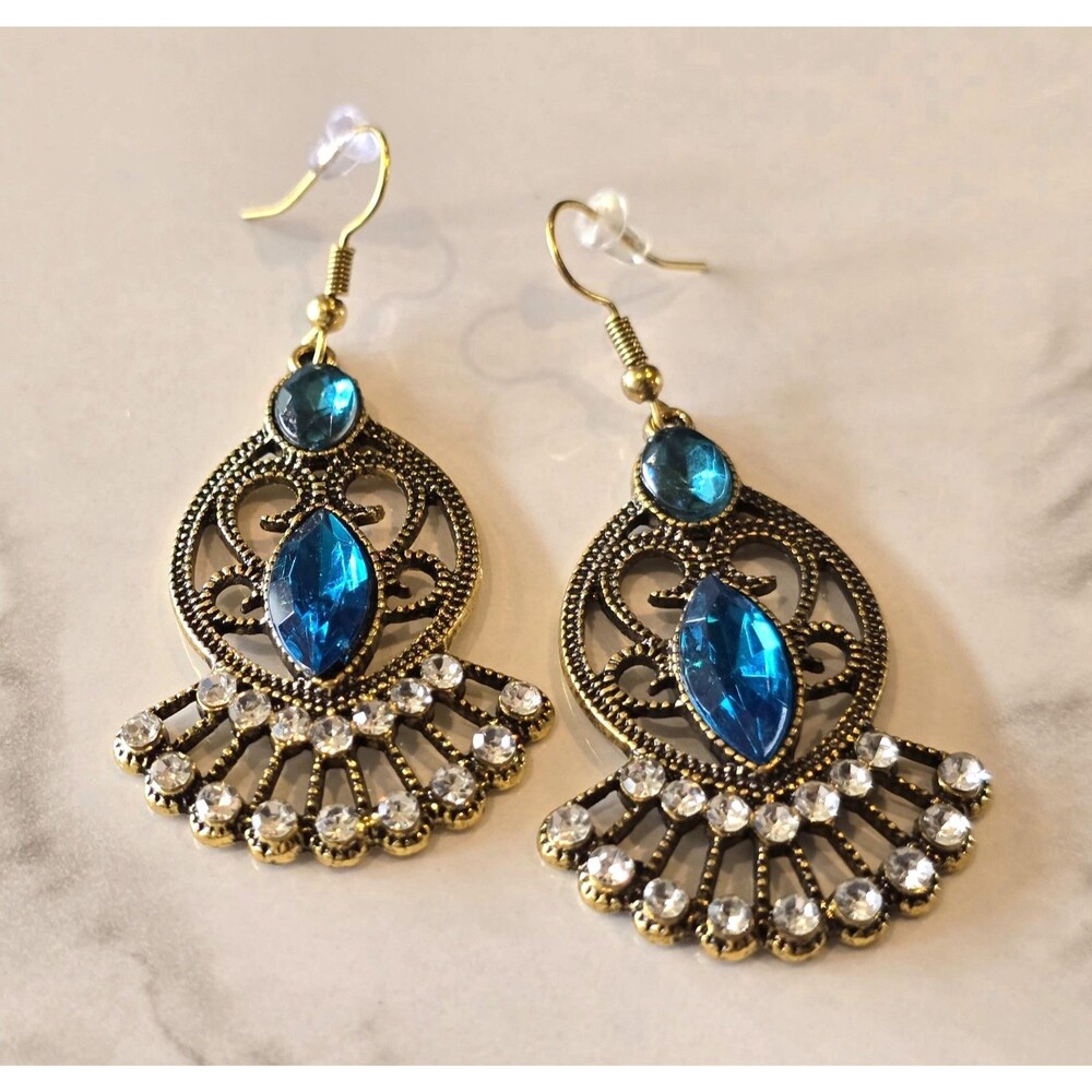 Blue Rhinestone Filigree Dangle Earrings Gold Tone Pierced Boho Statement #1261